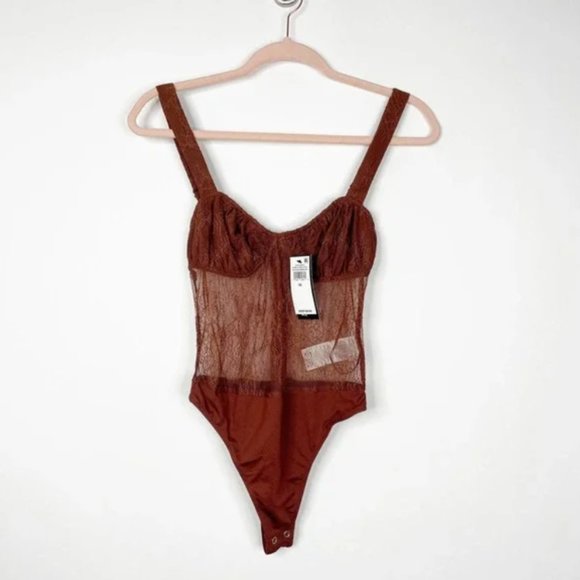 NWT Danielle Bernstein Lace Illusion Thong Bodysuit Warm Brown Mesh - Picture 3 of 5
